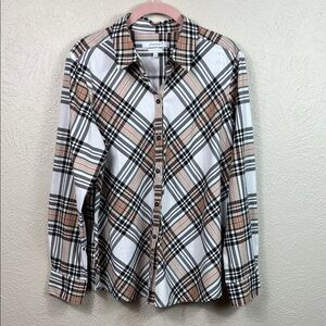 Foxcroft NYC Wrinkle Free Novacheck Print Long Sleeve Button Front Blouse 16